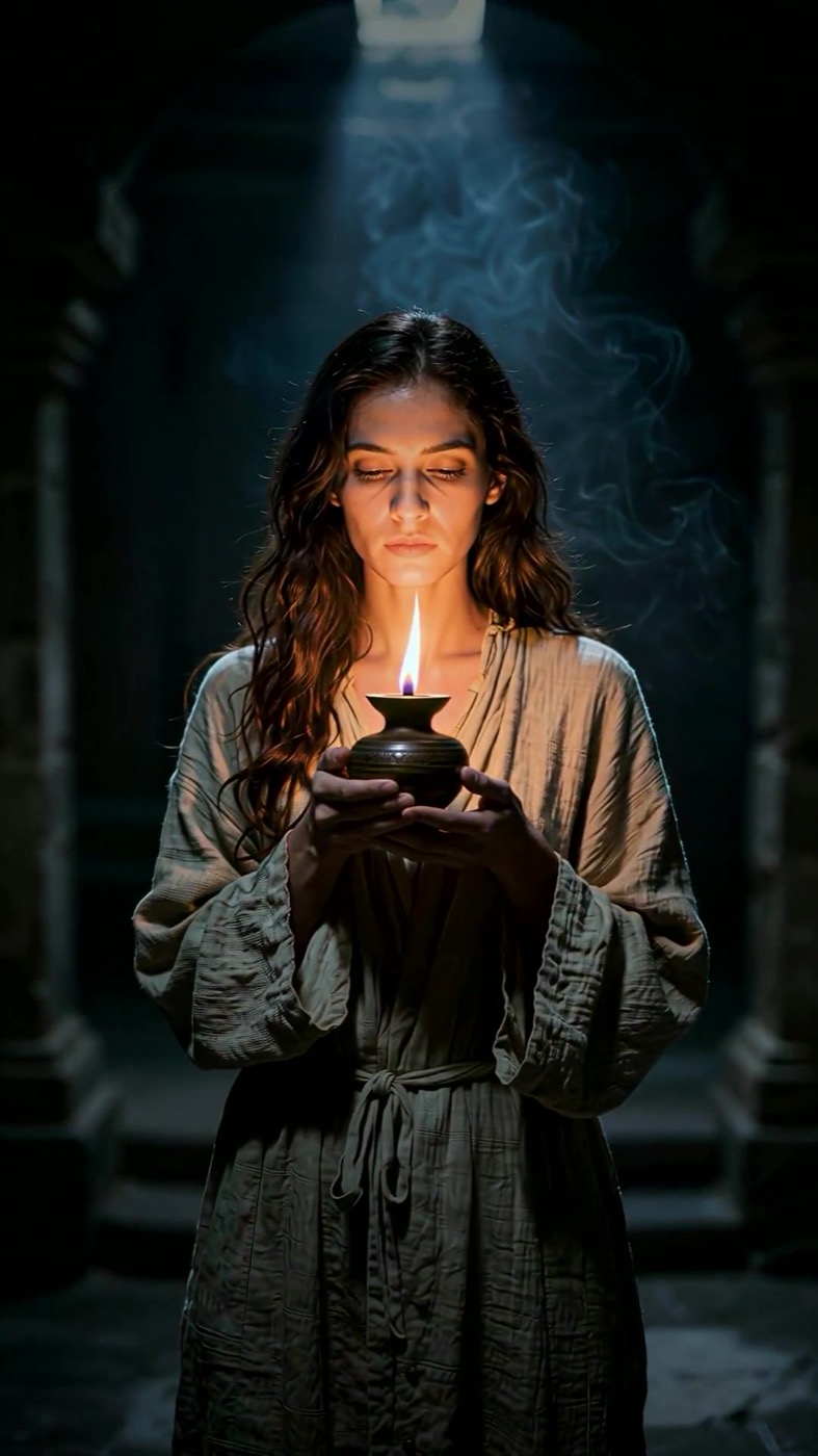 A woman holds a small oil lamp in a dark stone chamber lit by moonlight