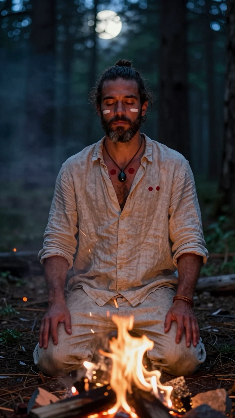 A man in a linen shirt kneels before a campfire in a forest at night, eyes closed